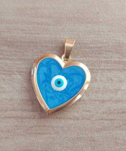 DIJE DE ACERO DORADO RELICARIO CORAZÓN ESMALTADO COLOR AZUL CON OJITO TURCO EN EL CENTRO. TAMAÑO 22 MM