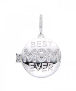 DIJE PLATA RELICARIO REDONDO CON LEYENDA "BEST MOM EVER" Y ZIRCONES. 16 MM. PESO APROX 4.66 GRS.