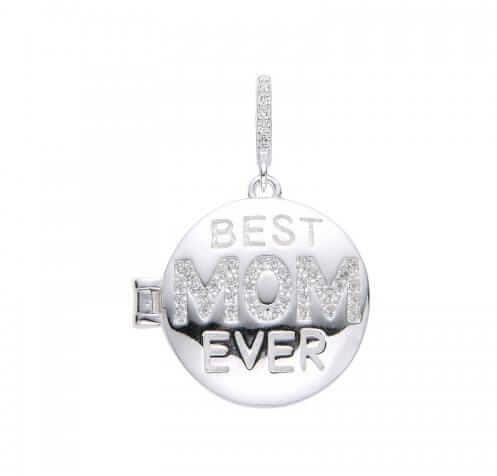 DIJE PLATA RELICARIO REDONDO CON LEYENDA "BEST MOM EVER" Y ZIRCONES. 16 MM. PESO APROX 4.66 GRS.
