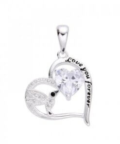 DIJE PLATA CORAZÓN CON ZIRCONES, CUBIK CORAZÓN Y COLIBRÍ CON ZIRCONES. LEYENDA "LOVE YOU FOREVER". 17 MM. PESO APROX 2.05 GRS.