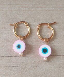 ARO DE ACERO DORADO ARGOLLA 15 MM CON DIJE OJO TURCO ROSA.