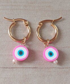 ARO DE ACERO DORADO ARGOLLA 15 MM CON DIJE OJO TURCO FUCSIA.