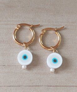 ARO DE ACERO DORADO ARGOLLA 15 MM CON DIJE OJO TURCO BLANCO.