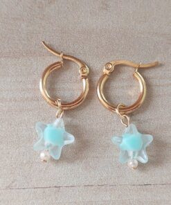 ARO DE ACERO DORADO ARGOLLA 15 MM CON DIJE ESTRELLA ACRÍLICO AQUA.