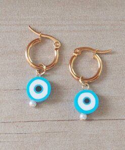 ARO DE ACERO DORADO ARGOLLA 15 MM CON DIJE OJO TURCO CELESTE.