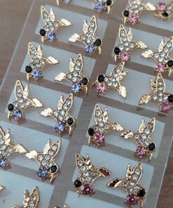 BLISTER DE AROS PASANTE DE ACERO DORADO COLIBRÍ CON STRASS X 12 PARES.