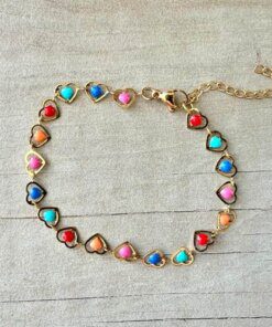 PULSERA DE ACERO DORADO ESLABÓN CONECTOR CORAZÓN CON COLORES MULTICOLOR. LARGO 17 + 3 CM EXT.