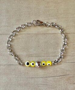 PULSERA DE ACERO ESPEJITO CON OJOS TURCO EN EL CENTRO. LARGO 17,5 CM