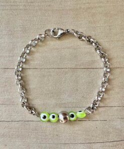 PULSERA DE ACERO ESPEJITO CON OJOS TURCO EN EL CENTRO. LARGO 17,5 CM