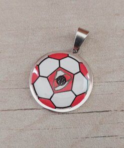 DIJE DE ACERO PELOTA FÚTBOL PLANA CON GAJOS ESMALTADOS ROJO Y BLANCO. DIÁMETRO 25 MM