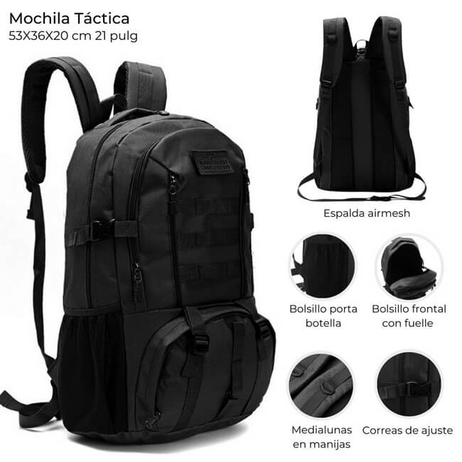 Mochila Tactica 53X36X20 cm dos compartimentos y bolsillos 21 pulg. x1u. - Imagen 8
