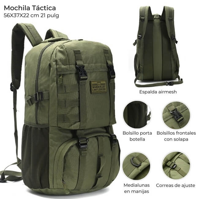 Mochila Tactica 56X37X22 cm con amplio bolsillo con hebillas 21 pulg. x1u. - Imagen 8