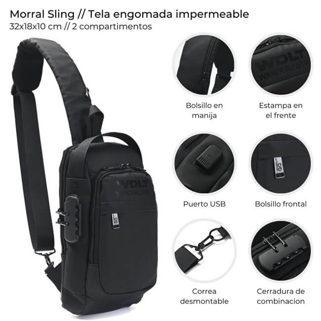 Morral Sling con cerradura y USB tela impermeable 32x18x10 cm bolsillo horizontal x1u - Imagen 13