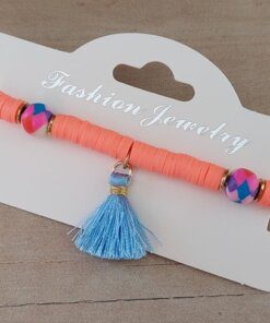 PULSERA ELASTIZADA FIMO DISCO NARANJA CON POMPÓN CELESTE