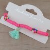 PULSERA ELASTIZADA FIMO DISCO FUCSIA CON POMPÓN VERDE AGUA