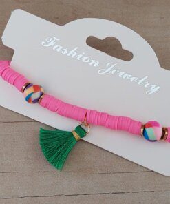 PULSERA ELASTIZADA FIMO DISCO ROSA CON POMPÓN VERDE