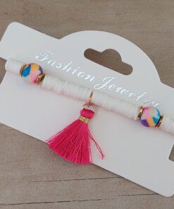 PULSERA ELASTIZADA FIMO DISCO BLANCO CON POMPÓN FUCSIA