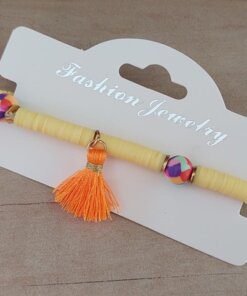 PULSERA ELASTIZADA FIMO DISCO AMARILLO CON POMPÓN NARANJA