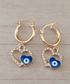 ARO DE ACERO DORADO ARGOLLA 14 MM CON DIJE CORAZÓN CON STRASS BLANCO Y OJO TURCO AZUL