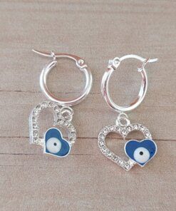 ARO DE ACERO BLANCO ARGOLLA 14 MM CON DIJE CORAZÓN CON STRASS BLANCO Y OJO TURCO AZUL