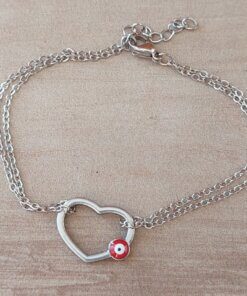 PULSERA DE ACERO ESLABÓN ESPEJITO DOBLE CON CENTRO CORAZÓN CALADO CON OJO ROJO. LARGO 17,5 + 2,5 CM EXT.