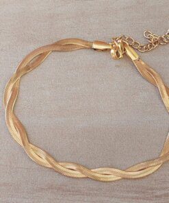 PULSERA DE ACERO DORADO VÍBORA CHATA DOBLE ENTRELAZADA. LARGO 19 CM + EXT. 5 CM.