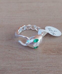 ANILLO DE ACERO BLANCO VÍBORA ESLABÓN GRUMET OJOS STRASS VERDE