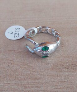 ANILLO DE ACERO VÍBORA ESLABÓN GRUMET OJOS STRASS VERDE