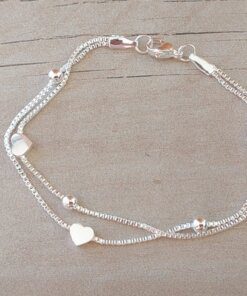 PULSERA DE ACERO BLANCO VENECIANA DOBLE CON CORAZONES PASANTES Y BOLITAS. LARGO 19 CM.