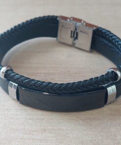PULSERA DE CAUCHO COMBINADA PLANA Y TRENZA CON CENTRO EN ACERO NEGRO APTO PARA GRABAR. LARGO 20 CM.