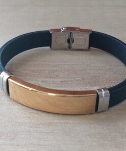 PULSERA DE CAUCHO CON CENTRO EN ACERO DORADO APTO PARA GRABAR. LARGO 20 CM.