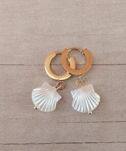 ARO DE ACERO DORADO ARGOLLA BISAGRA CON DIJE COLGANTE OSTRA DE PERLA. LARGO 30 MM