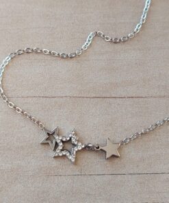 COLGANTE DE ACERO ESLABÓN ESPEJITO CON CENTRO TRIPLE ESTRELLA C/STRASS. LARGO 44 CM + 5 CM EXT.