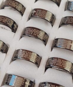 ANILLO DE ACERO NEGRO CON PADRE NUESTRO GRABADO X 36 UNIDADES. (MEDIDAS DEL 17 AL 22)