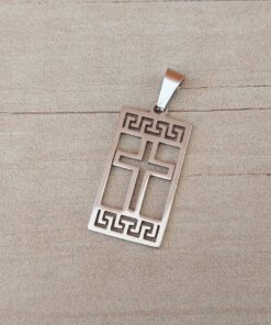 DIJE DE ACERO RECTANGULAR 14 X 25 MM CON CRUZ Y GUARDA CALADA