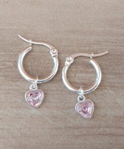 ARO DE ACERO BLANCO ARGOLLA 14 MM CON DIJE CORAZÓN STRASS ROSA