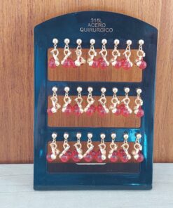 BLISTER DE AROS DE ACERO BOLITA DORADA CON CEREZAS COLGANTE X 12 PARES