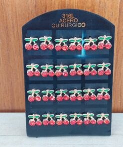 BLISTER DE AROS DE ACERO CEREZA DORADA STRASS COLOR X 12 PARES.