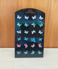 BLISTER DE AROS PASANTE DE ACERO MARIPOSAS DORADA ACRÍLICO TORNASOL COLORES SURTIDOS X 12 PARES