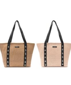 Bolso playero simil rafia manijas PU con remaches 50x32x15cm x1u