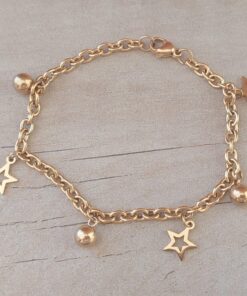 PULSERA DE ACERO DORADO ESLABÓN TIFFANY CON ESTRELLAS CALADAS Y BOLITAS COLGANTES. LARGO 19 CM