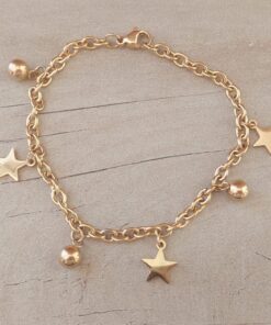 PULSERA DE ACERO DORADO ESLABÓN TIFFANY CON ESTRELLAS Y BOLITAS COLGANTES. LARGO 19CM