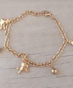 PULSERA DE ACERO DORADO ESLABÓN TIFFANY CON UNICORNIO Y BOLITAS COLGANTES. LARGO 19 CM
