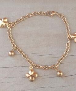 PULSERA DE ACERO DORADO ESLABÓN TIFFANY CON CRUZ DEL EQUILIBRIO Y BOLITAS COLGANTES. LARGO 19 CM