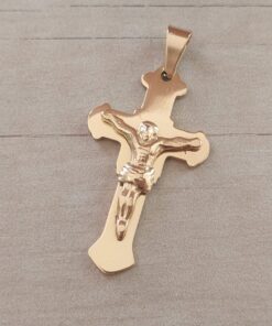 DIJE DE ACERO DORADO CRUZ CON CRISTO. 30 X 52 MM