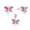 CONJUNTO DE PLATA ARO PASANTE Y DIJE LIBÉLULA CON ZIRCONES COLOR FUCSIA. PESO APROX. 2.49 GRS.