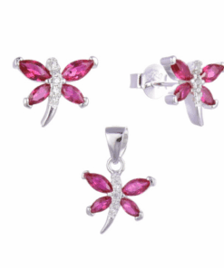 CONJUNTO DE PLATA ARO PASANTE Y DIJE LIBÉLULA CON ZIRCONES COLOR FUCSIA. PESO APROX. 2.49 GRS.