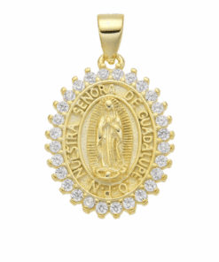DIJE PLATA BAÑADO EN ORO VIRGEN DE GUADALUPE CON ZIRCONES. 15 X 19 MM. PESO APROX 2.90 GR.