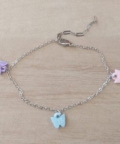 TOBILLERA DE ACERO CADENA ESLABÓN ESPEJITO CON DIJES MARIPOSA. LARGO 20 CM + 5 CM EXT.