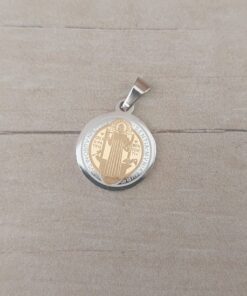 DIJE DE ACERO MEDALLA SAN BENITO REVERSIBLE COMBINADO CON CENTRO DORADO. TAMAÑO 15 MM